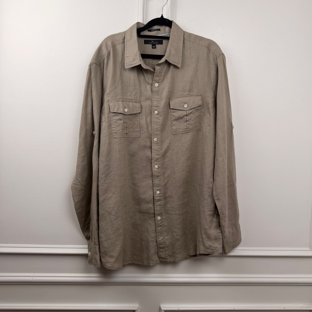 Marc Anthony Mens Slim Fit 100% Linen Long Sleeve Button Down Shirt Khaki Large